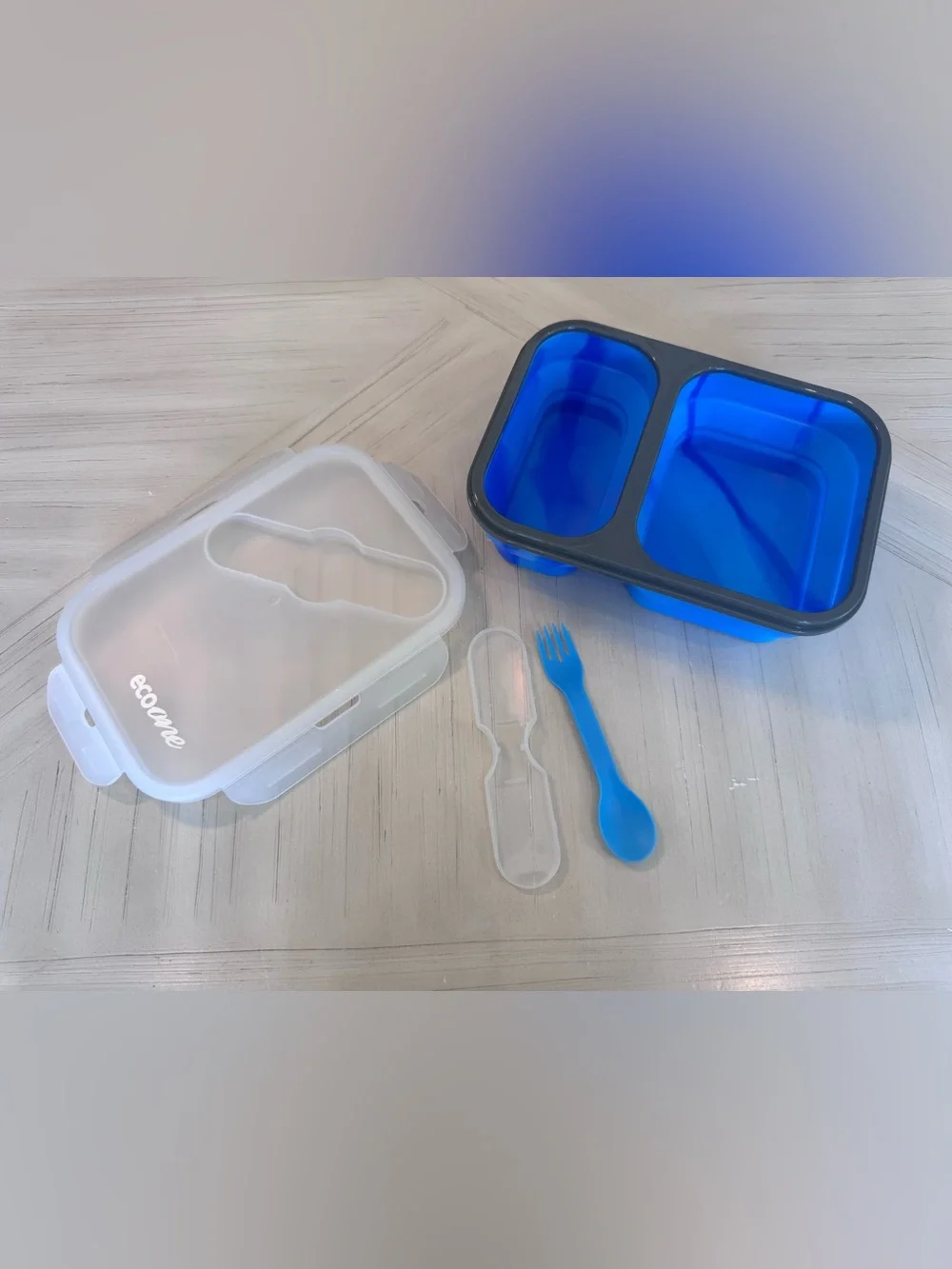 Eco One Collapsible Silicone Bento Box with Utensil Storage – Tie-Dye Blue